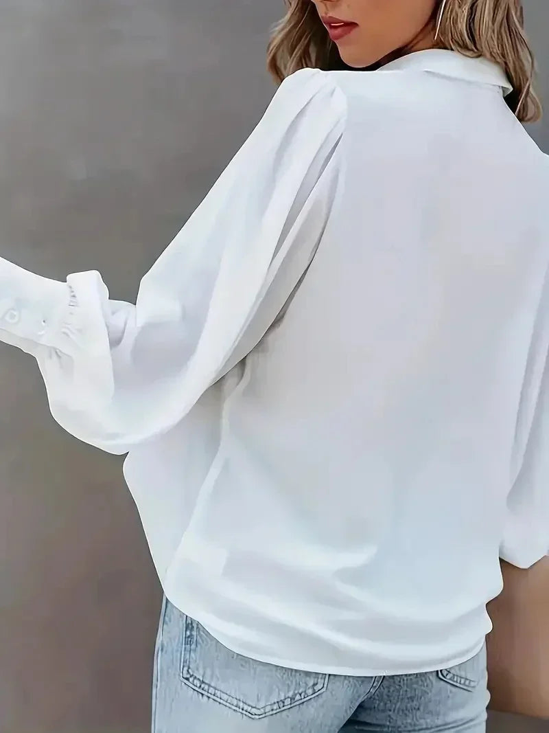 Women Fashion Plus Size 1XL-5XL Basic Blouse Ladoes Solid Button Up Lantern Sleeve Turn Down Collar Blouse Shirt Secondary image