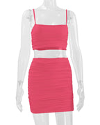 Women's New Sexy Sleeveless Strap Small Tank Top Short Top Fashion Wrinkle Bag Hip Skirt Two Piece Set