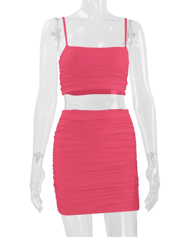 Women's New Sexy Sleeveless Strap Small Tank Top Short Top Fashion Wrinkle Bag Hip Skirt Two Piece Set