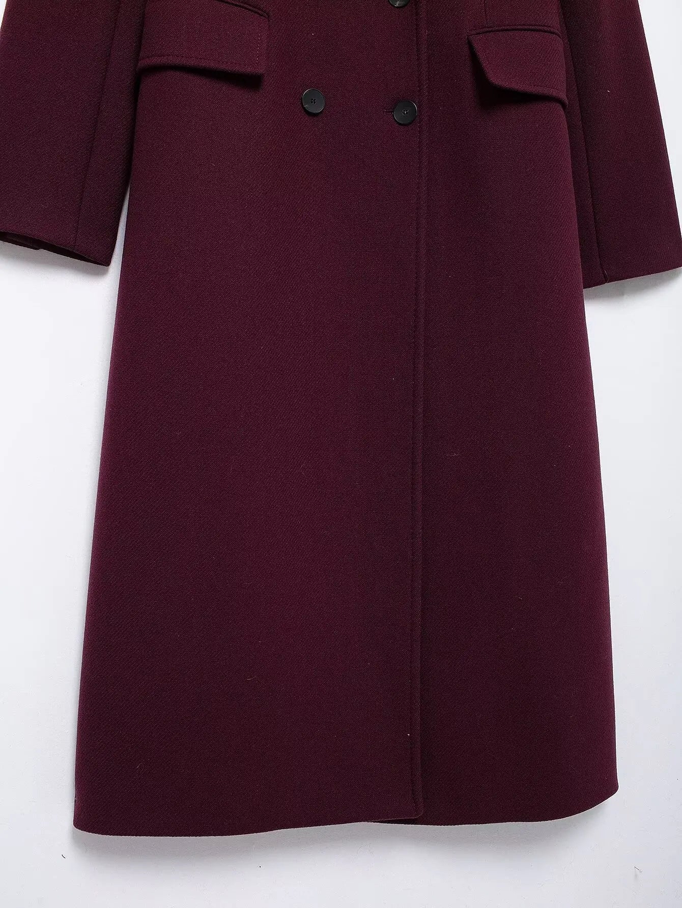 HH Women Fashion Burgundy Woolen Coat Double Breasted Long Sleeve Lapel Blends Jacket Autumn Winter High Street Outerwear