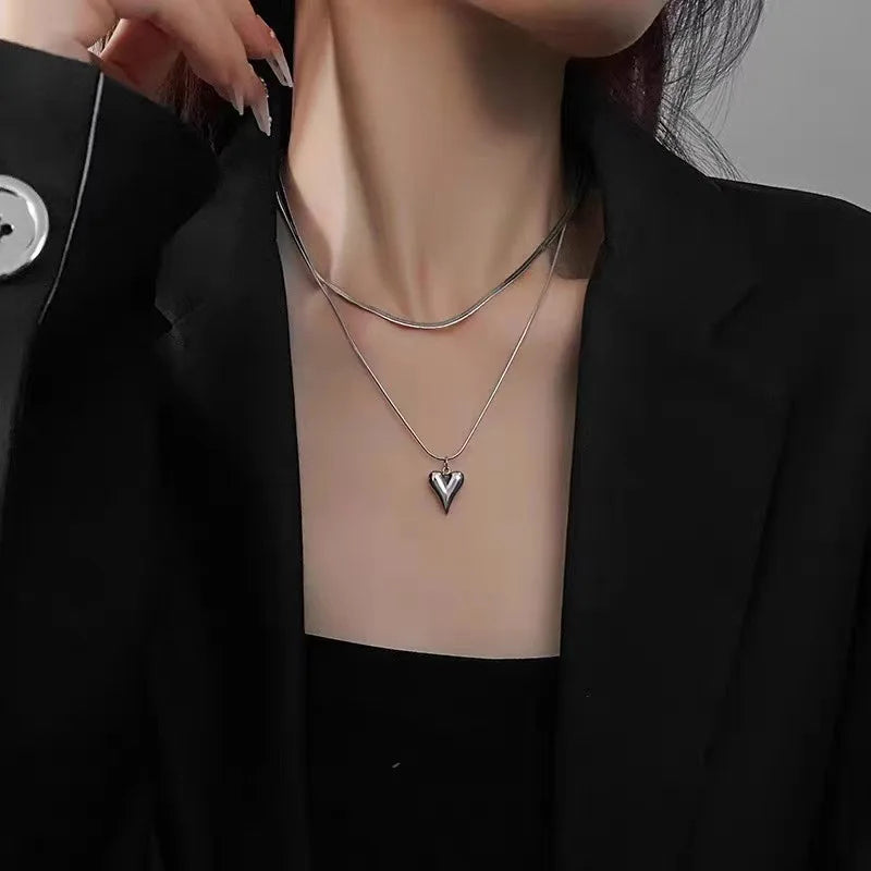 Y2k Stainless Steel Heart Pendant Bead OT Clasp Necklace For Women Men Fashion Geometric Charm Necklace Party Jewelry Gifts