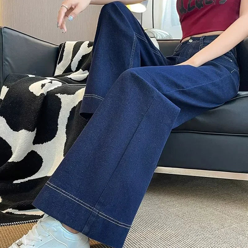 Girls Fashion Korean Straight Casual Jeans Female Baggy High Waist Wide Leg Denim Pants Women Classic Wash Dark-blue Trousers