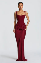 Mozision Elegant Backless Sexy Maxi Dress Women Gown Fashion Square Collar Sleeveless Skinny Ruched Club Party Long Dresses