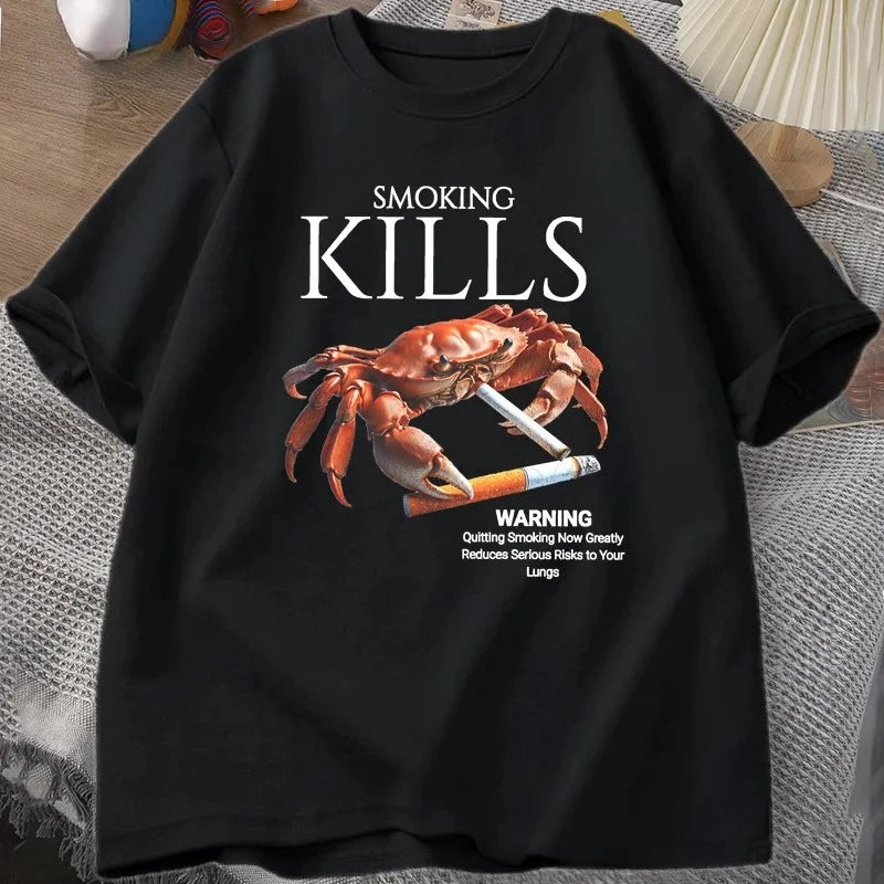 Smoking Kills Crab T-shirt Out of Control Suspected Grotesque Style T-shirt Strange Pattern T-sleeve Baseball Shirt Main image
