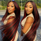 Black With Red Blonde Highlight Bone Straight Wig 5x5 Glueless Wig Human Hair Ombre Burgundy Colored Preplucked Wig Wear and Go