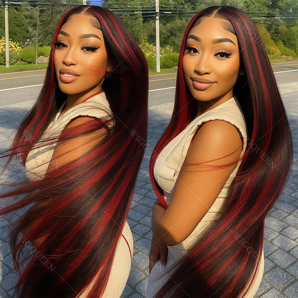 Black With Red Blonde Highlight Bone Straight Wig 5x5 Glueless Wig Human Hair Ombre Burgundy Colored Preplucked Wig Wear and Go