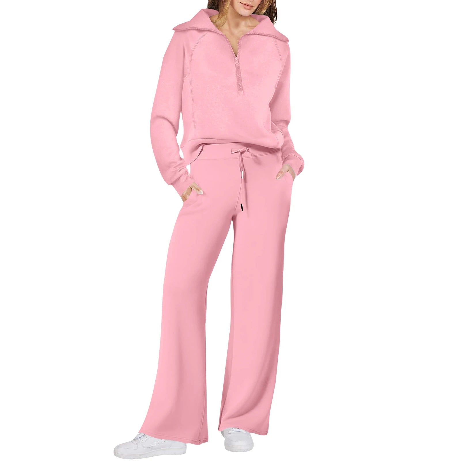 Solid Two-piece set Women Fashion Long Sleeve Zipper Sweater Pullover Tie up Pocket Wide Leg Pant Suit Loose Casual Sport Sets