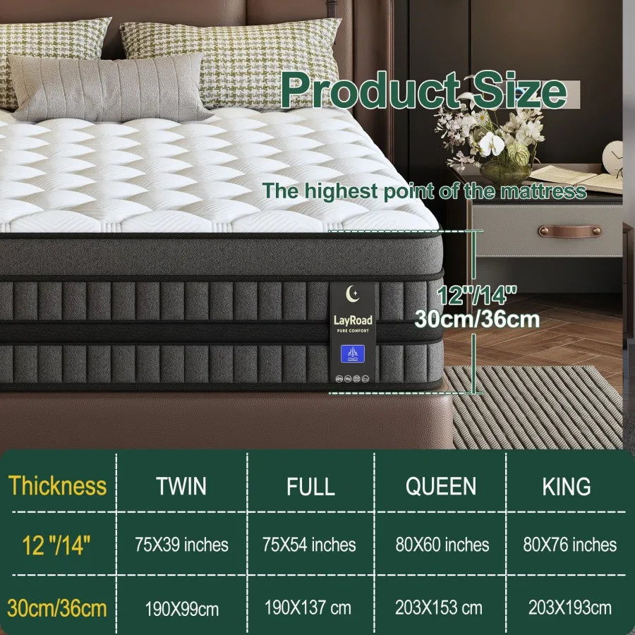 LayRoad 12-14IN Hybrid Mattress Medium Firmness Gel Memory Foam Spring Mattress Heat Dissipation Pressure Relief Boxed
