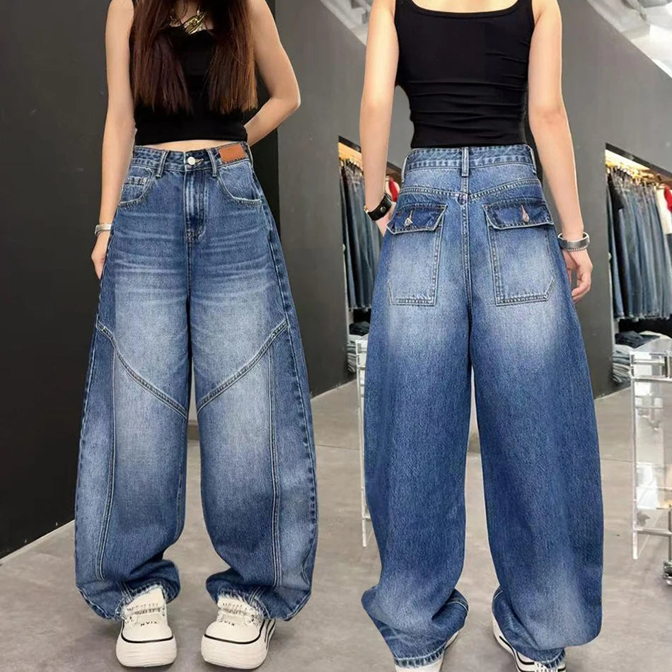 2025/2026 Grunge Y2K Streetwear Washed Blue Baggy Pleated Jeans Pants For Women Clothing Distressed Wide Leg Loose Old Lady Trousers Main image