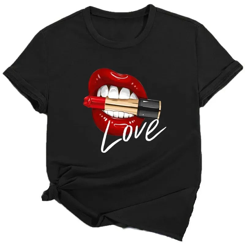 Women Tops O-neck Sexy Black Tees Kiss Lip Funny Summer Female Soft T Shirt Lips Watercolor Graphic T Shirt Top9180 Main image