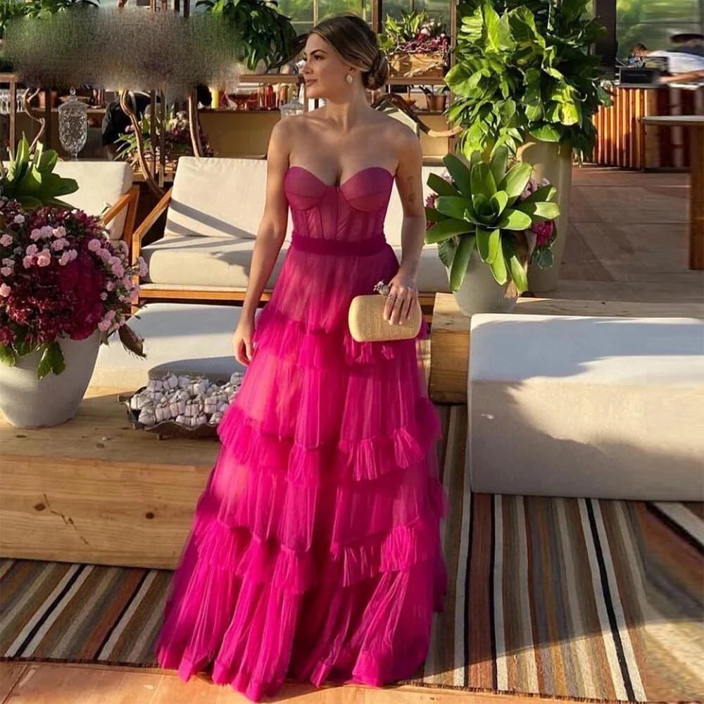 Fuschia Tiered Ruffles Tulle Prom Dresses Sweetheart Sleeveless Pleat Ruched Saudi Arabic Evening Gowns Elegant Formal Dress Main image