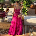 Fuschia Tiered Ruffles Tulle Prom Dresses Sweetheart Sleeveless Pleat Ruched Saudi Arabic Evening Gowns Elegant Formal Dress