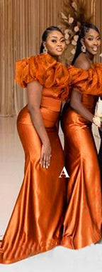 Puffy Off Shoulder Long Bridesmaid Dresses Mermaid Sheath Customized Plus Size Women Orange Sheath Party Dress Wedding Guest