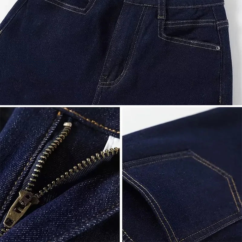 Girls Fashion Korean Straight Casual Jeans Female Baggy High Waist Wide Leg Denim Pants Women Classic Wash Dark-blue Trousers