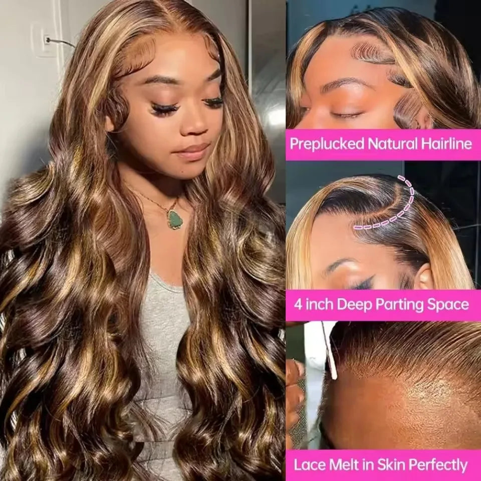 P4/27 13x6 Glueless Highlight Hd Lace Frontal Wig Human Hair Ombre Colored Honey Blonde Human Hair Wigs Body Wave For Women 5x5