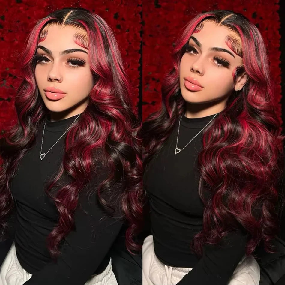 1B/99j Burgundy Highlight Lace Front Wig 30 Inch 5x5 Glueless Body Wave Wear And Go Wigs Brazilain Red Colored Human Hair Wigs