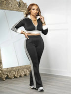 Doyerl Sporty Casual Tracksuit Women Two Piece Sets Striped Long Sleeve Zipper Cropped Jacket Top and Sweatpants Jogging Femme