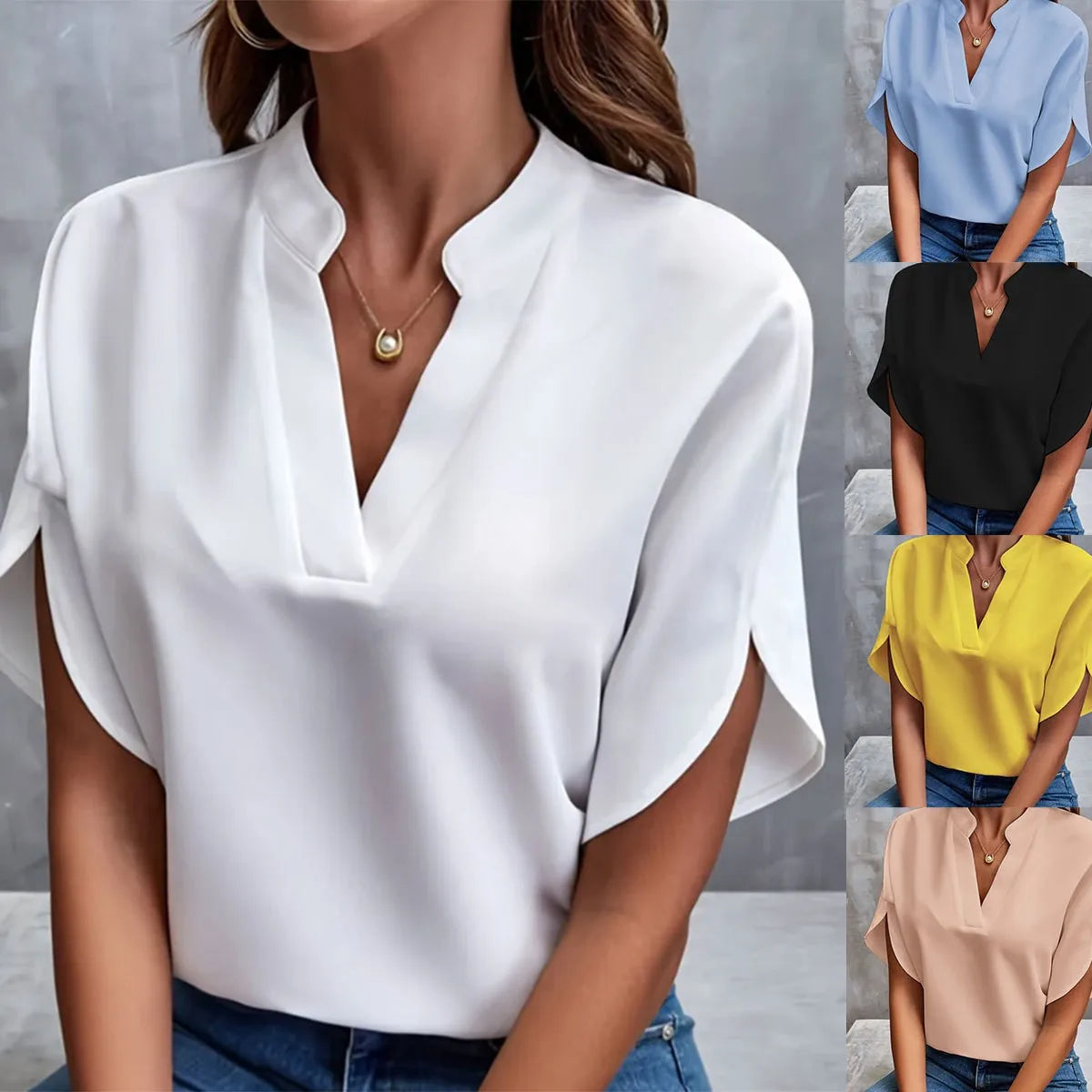 1pcs Woman New Summer Solid Color Shirts Lady Casual Short Sleeve V-neck Collar Loose Shirts Female Fashion Pullover Tops Main image
