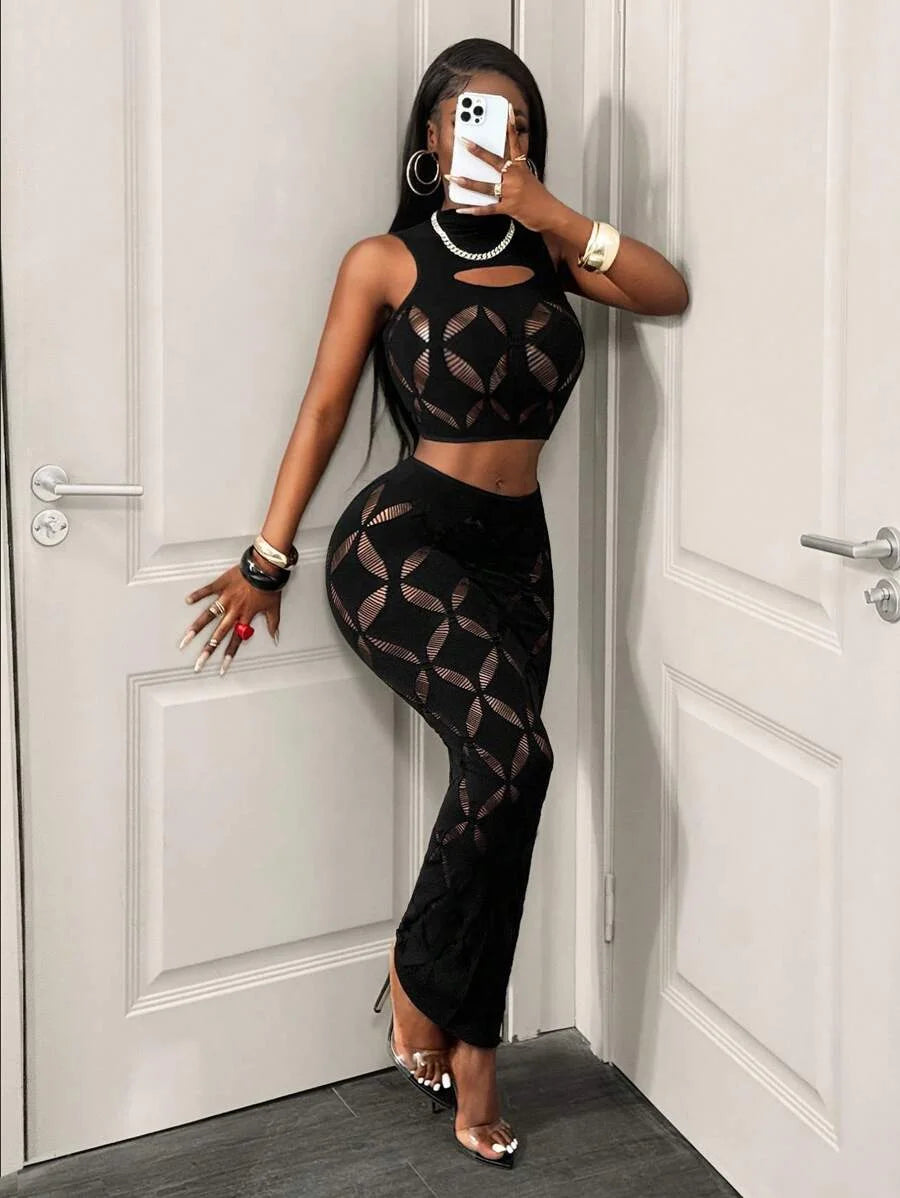 FHSEER 2PCS Women's Sexy Set Plus Size Black Mesh Hollow Out Crop Tank & High Waist Bodycon Mini Skirt Lace Stretechy Clubwear Secondary image