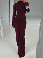 kliou Shirring Women Classic Maxi Dress Autumn New Solid Long Sleeve High Collar Body-shaping Vestidos Mujer Concise Trend Robe