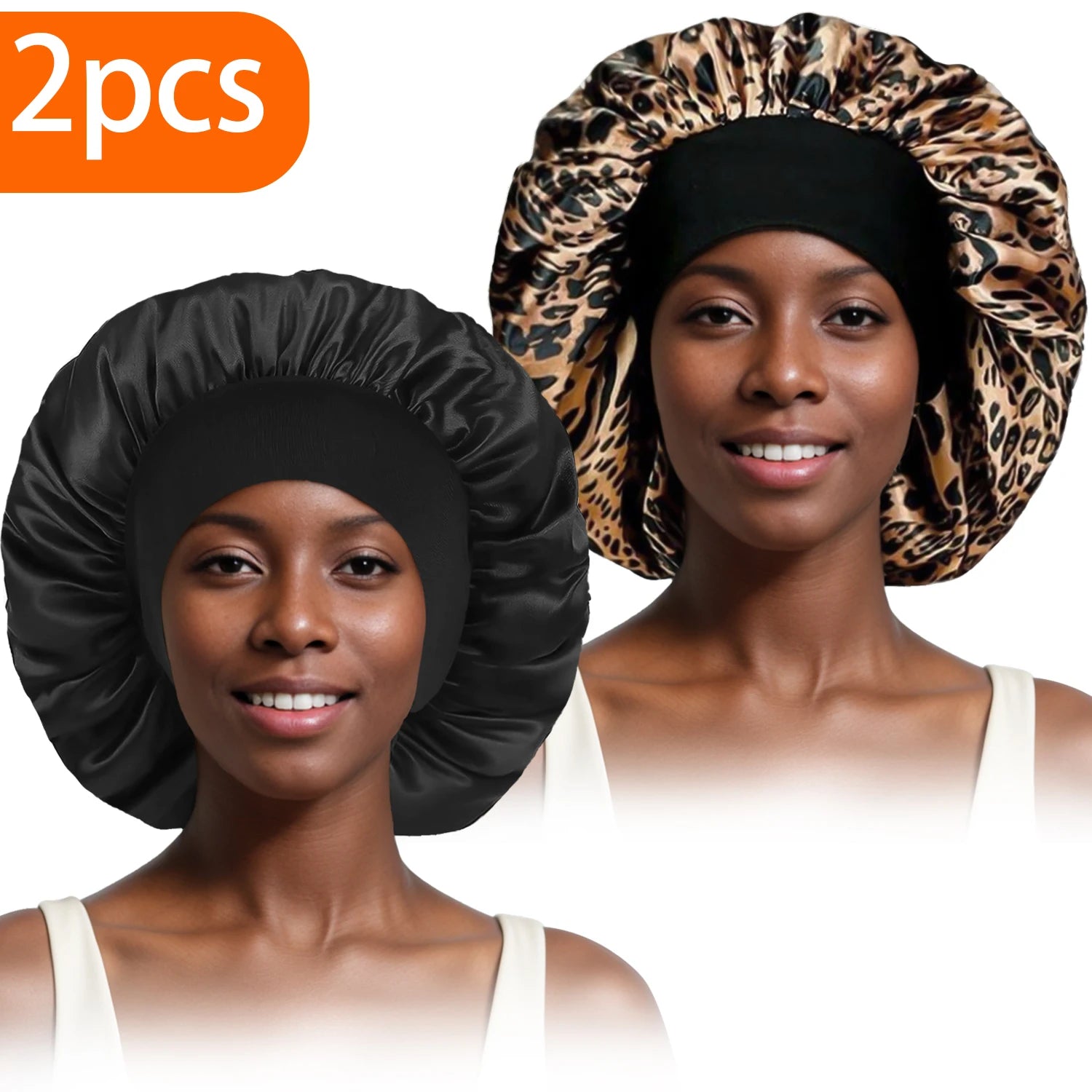 2pcs Women's Fashion Bonnet Large Wide Edge Elastic Hat Casual Silk Smooth Tint Suitable for Curled Straight Hair Sleeping Hat Main image
