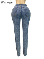 Fashion Skinny Stretch Jeans for Women Luxury Diamonds Hole Pencil Pants High Waist Washed Streetwear Y2k Streetwear Trousers