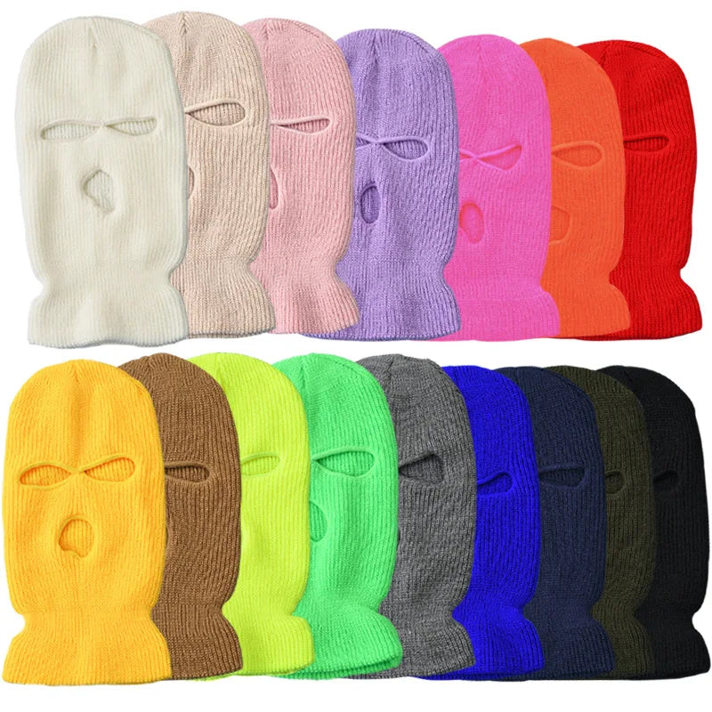 Windproof Full Face Knit Hats Custom SkiMask Men Warm Wool Balaclava embroidery Winter hats Knitted 3 Holes Ski Mask