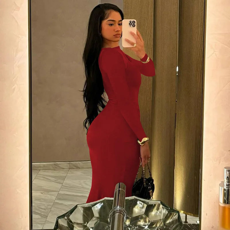 Hugcitar Autumn Solid Long Sleeve Draped Sexy Bodycon Maxi Prom Dress Women Fashion Y2K Outfits Evening Party Festival Club