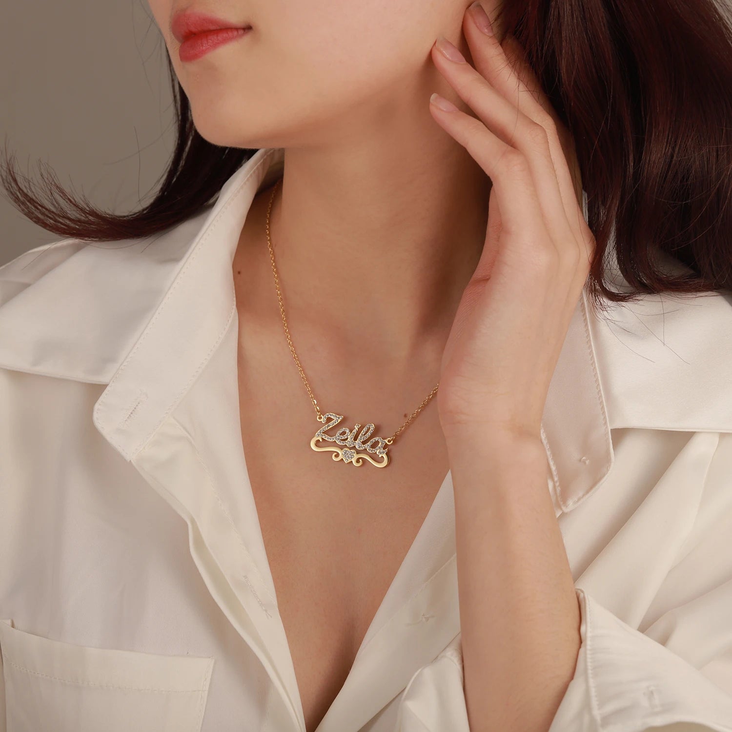 Qitian Personalized Name Necklace With Heart For Women Custom Gold Stainless Steel BlingBling Pendant Custom Iced Out Necklaces Secondary image