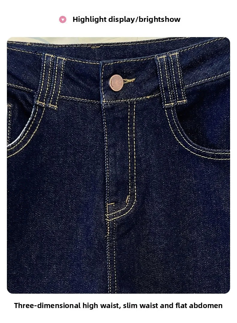 Female Trousers Women Button Zipper Closure Pockets Cozy Lady Pants Stylish Navy Blue Denim High Waisted Wide Leg Casual Jeans