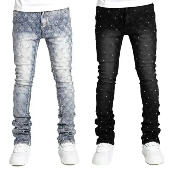 Men's denim fashion personality straight leg men's pants European and American fashion Instagram hot item elastic pearl denim la Main image