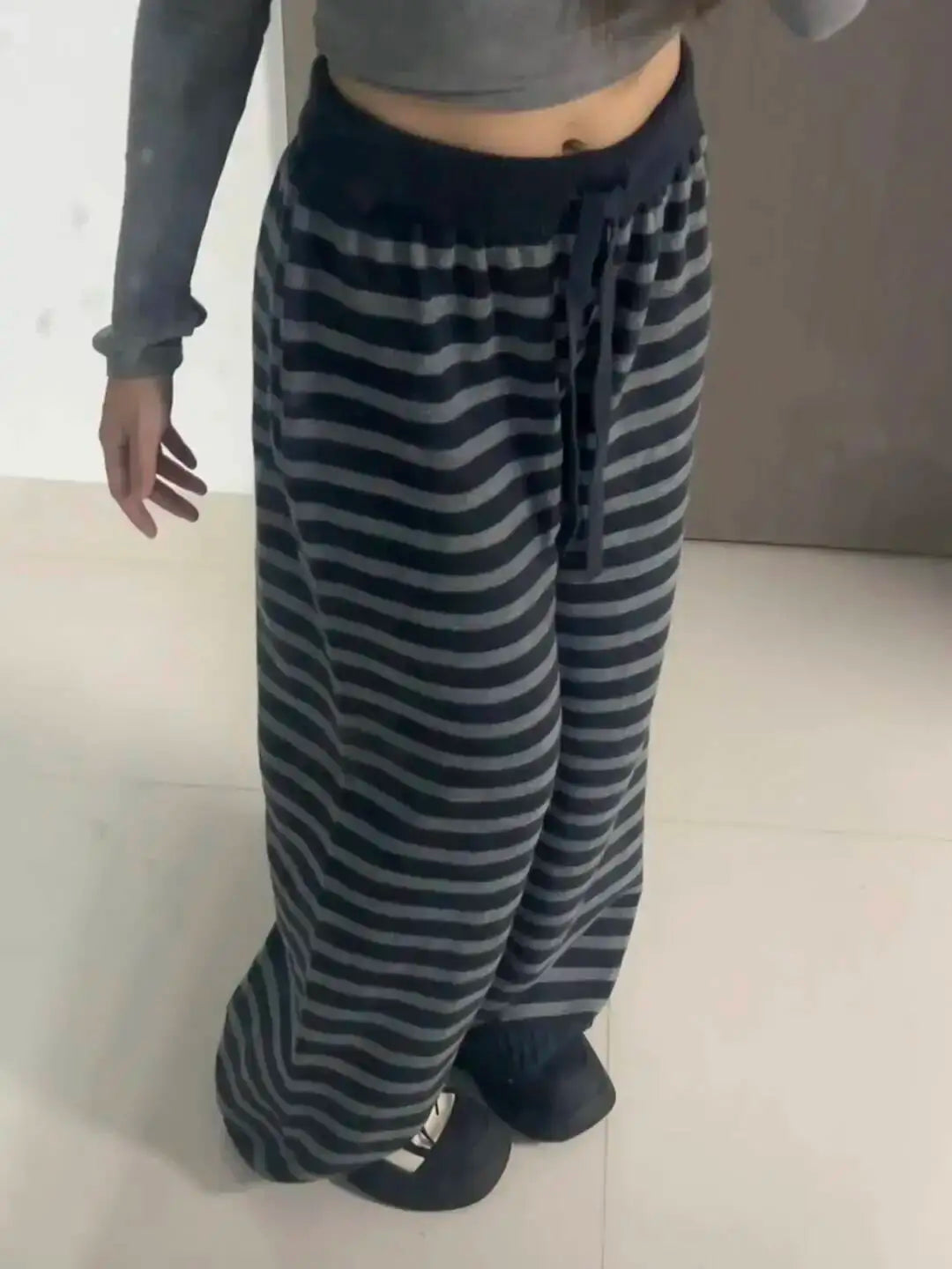 Harajuku Contrast Color Stripe Wide Leg Trousers Vintage Grunge Loose Knitted Casual Pant Y2k Aesthetic Women Straight Pants Main image