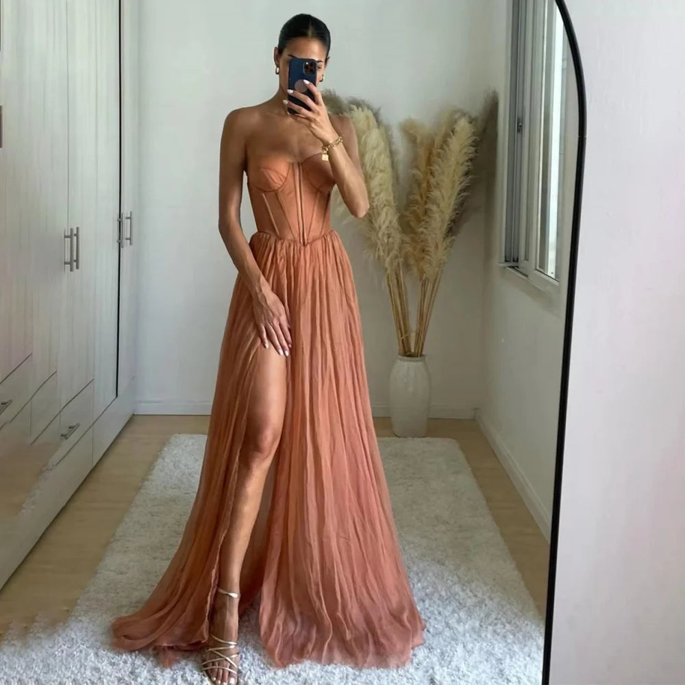Customized Sweetheart A-line Exquisite Zipper Evening Dress Charming Sleeveless Prom Dress High Split Party Gown вечернее плать