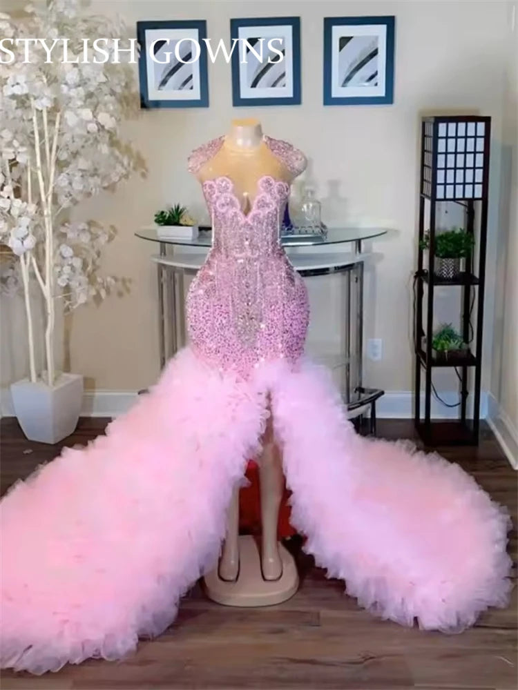 2026 New Design Luxury Pink Long Prom Dress Side Split Ruffles Tiered Glitter Beads Crystals Vestido De Novia Customized Main image