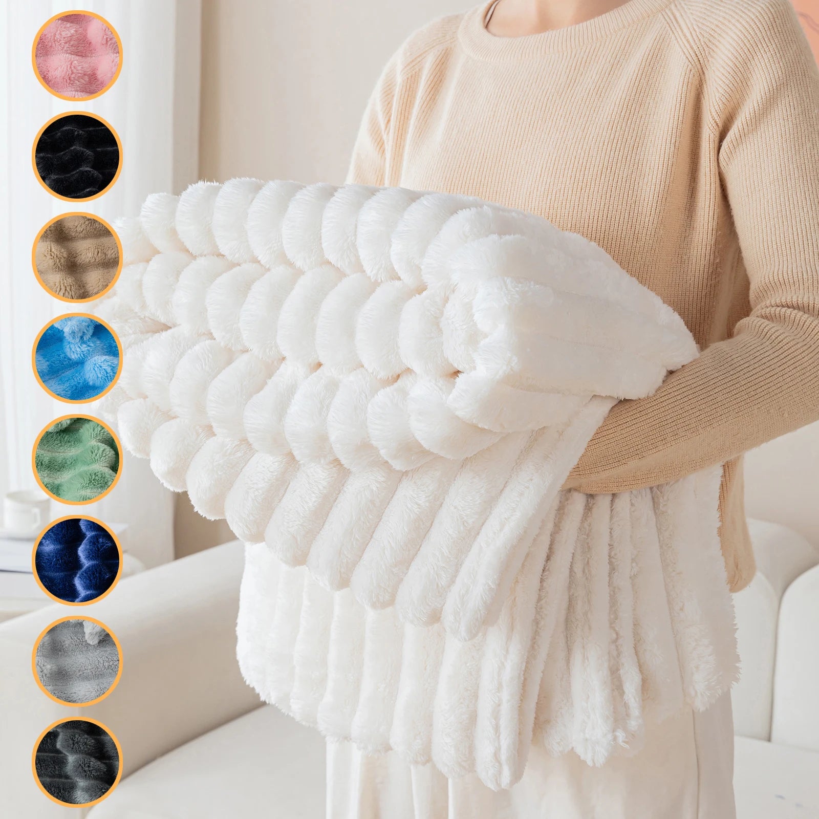 1pc solid color thick wide stripe multifunctional blanket, can be used as bed sheet covering blanket, nap blanket, pet blanket Main image