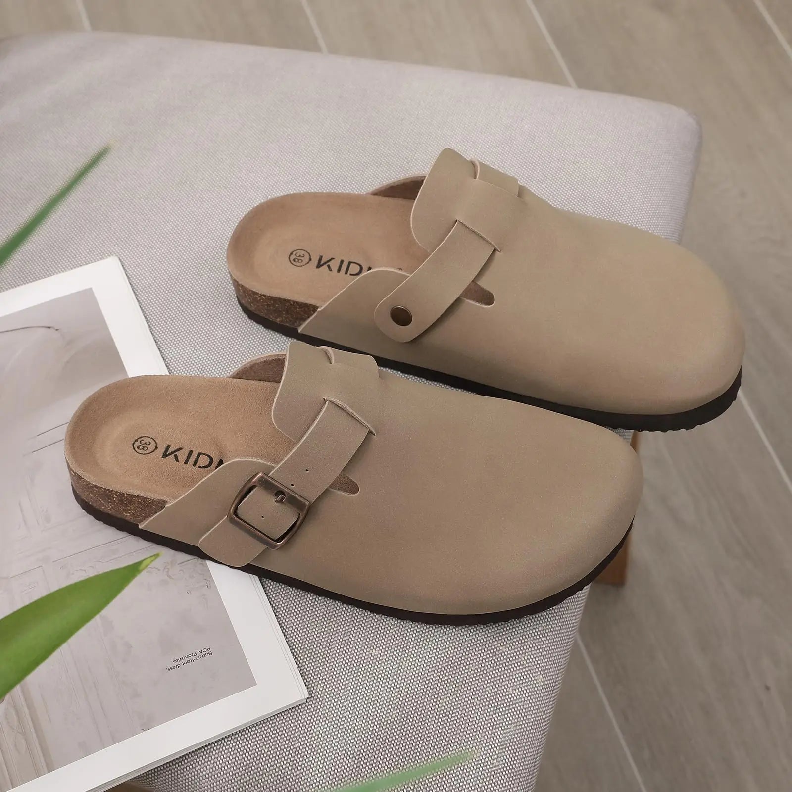 Kidmi Men's Suede Clogs Cork Footbed Clogs for Women Soft Leather Adjustable Buckle Slip-on Potato Shoes Sandals Beach Slippers
