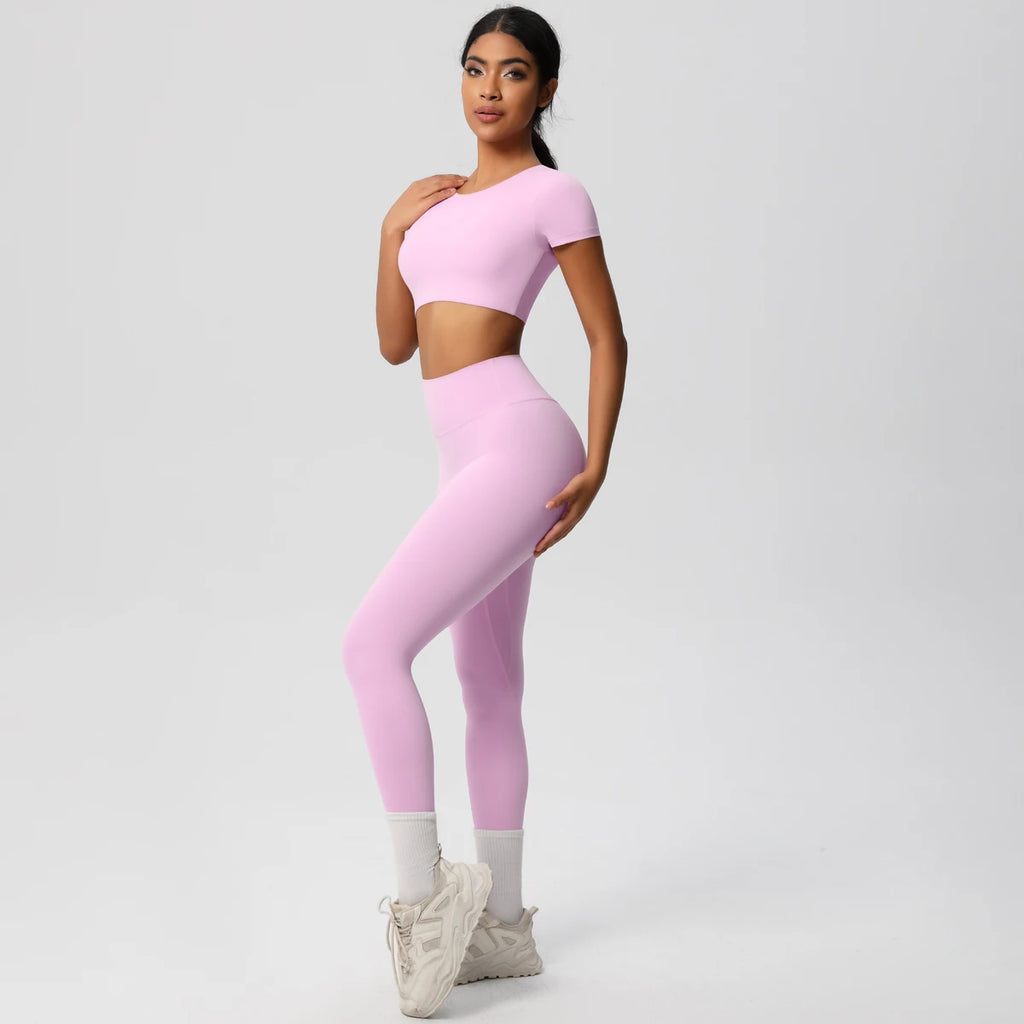 2PCS Woman Gym Sports Yoga Set Knitted Slim Workout Top Short Sleeve Quick Drying Legging Fitness Pants Running Sports Yoga Suit