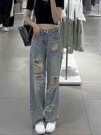Female Cowboy Pants with Rhinestones Women's Torn Jeans High Waist Shot Wide Leg Trousers Summer Unique Shiny Original Pant 90s