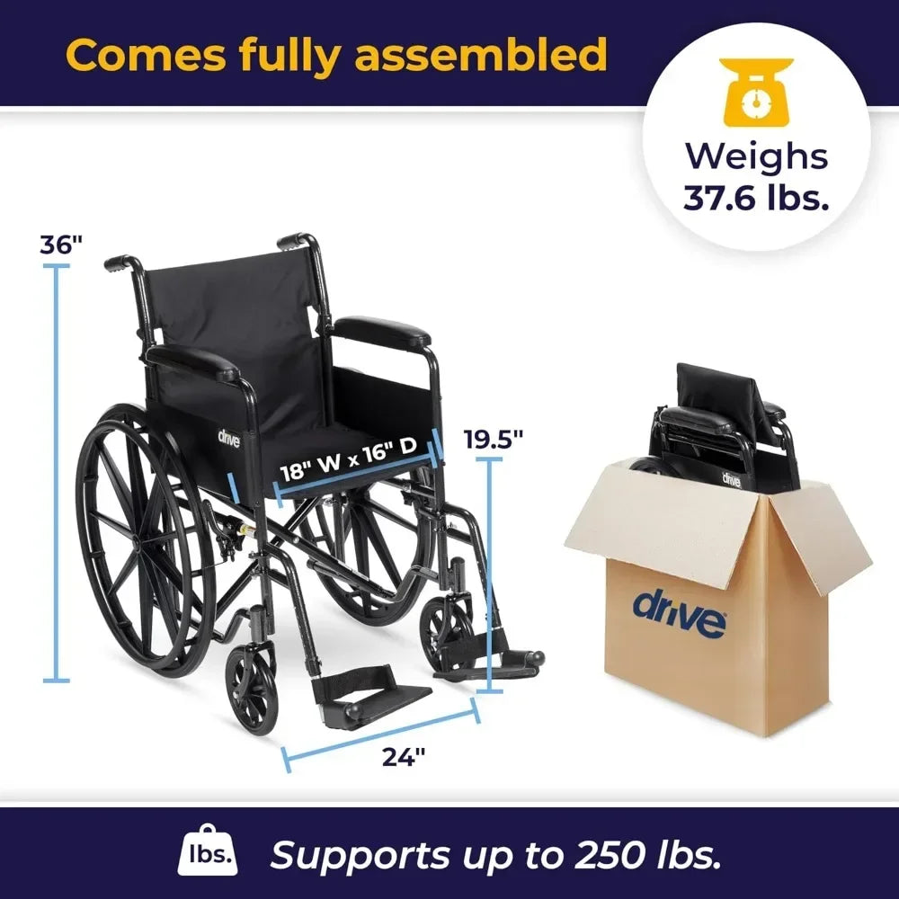 NEW PRODUCT.SSP118FA-SF Silver Sport 1 Folding Transport Wheelchair with Full Arms and Removable Swing-Away Footrest, Black