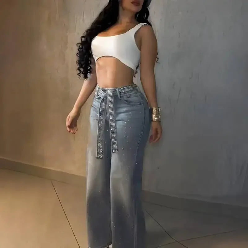2026 Women Jeans Straight Diamonds Pants Y2k Streetwear Elegant High Waist Washed Belt Loose Wide Leg Denim Trousers Bottoms