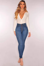 Women High Waist Elastic Slim Fit Skinny Jeans Lady Vintage Button Pencil Long Pants Narrow Straight Wrap Hips Casual Trousers