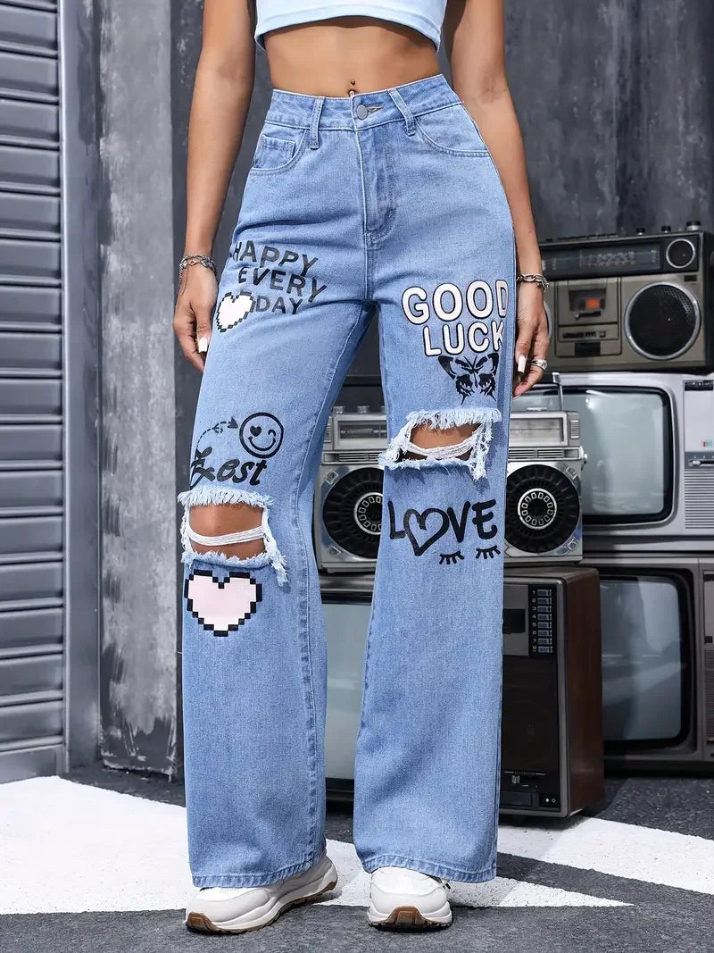 Women's High Waist Button Up Butterfly Print Jeans Fashion Casual Straight Pants for Women Spring Summer 2024 Chic Ripped Jeans Secondary image