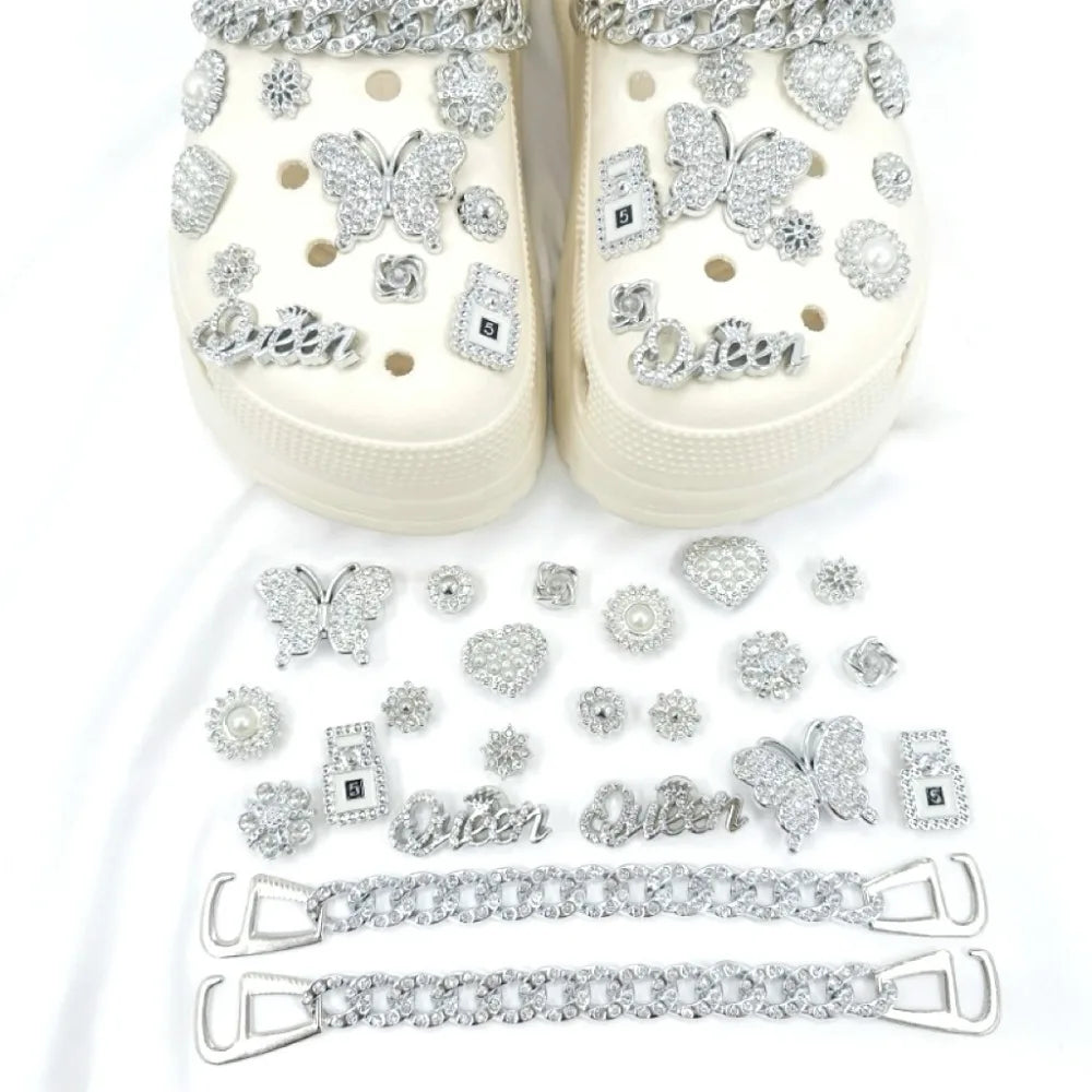 20PCS Shoe Charms Luxury Set Silver Butterfly Queen Diamond Chain Shoe Decorations Buckle for Sandals Clogs DIY Accessories Gift