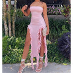 Women Strapless Sexy Floral Fold Hemline High Slit Mini Dress  2026 Solid Backless Sleeveless Black And Pink Party Dress Vestidos