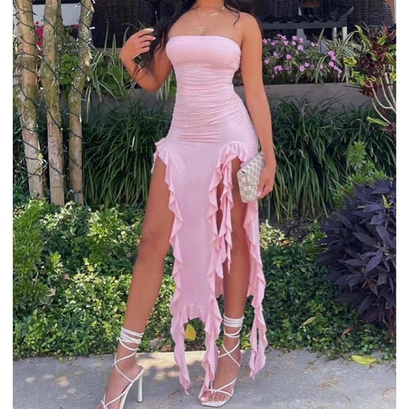 Women Strapless Sexy Floral Fold Hemline High Slit Mini Dress  2026 Solid Backless Sleeveless Black And Pink Party Dress Vestidos Main image