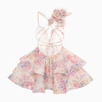 Elegant Floral Print Puff Sleeve Ball Gown Mini Dress Women 3D Flower V-neck Summer Beach Dresses Chic Holiday Evening Vestidos