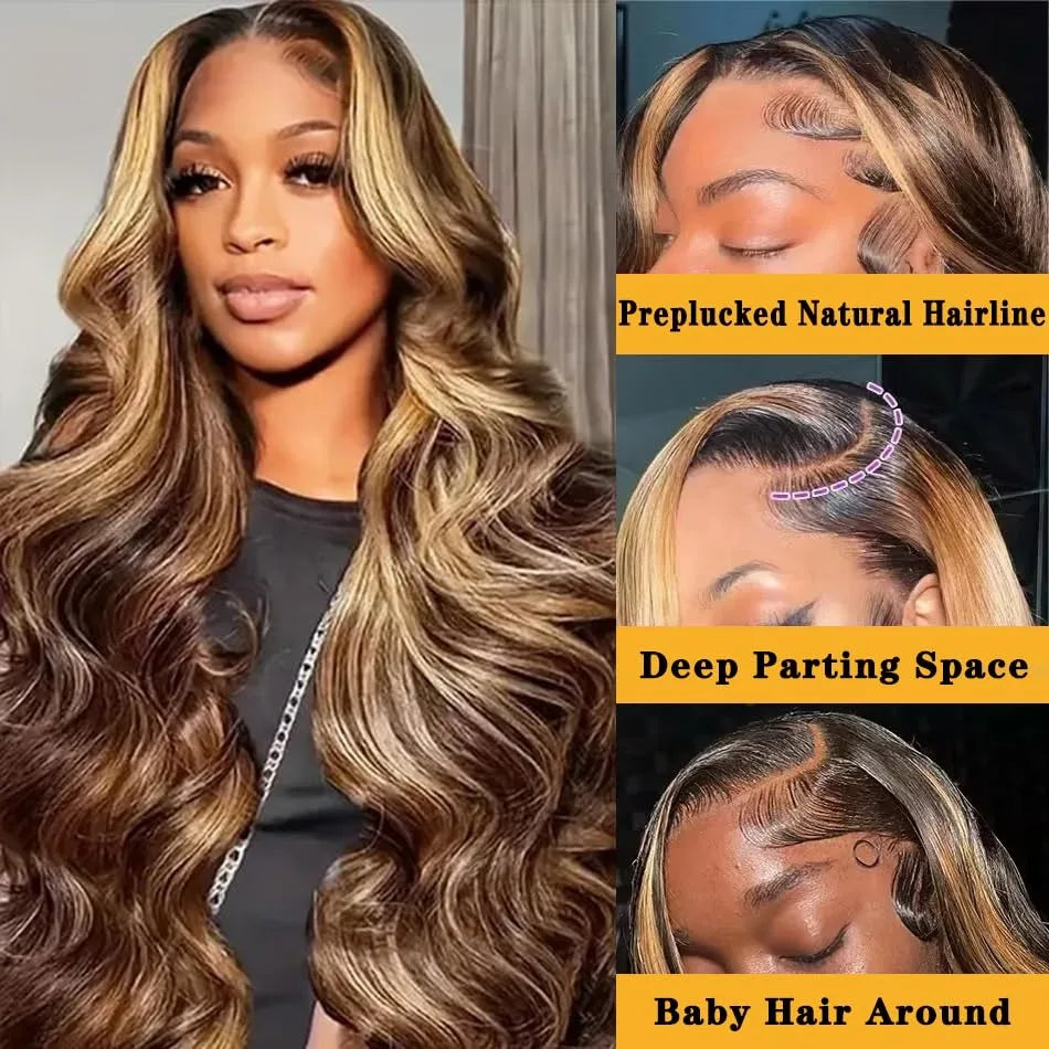 30 Inch Honey Blonde Ombre 13X4 HD Lace Front Wig Human Hair Highlight Body Wave Lace Frontal Wigs Pre Plucked 4/27 Colored Secondary image