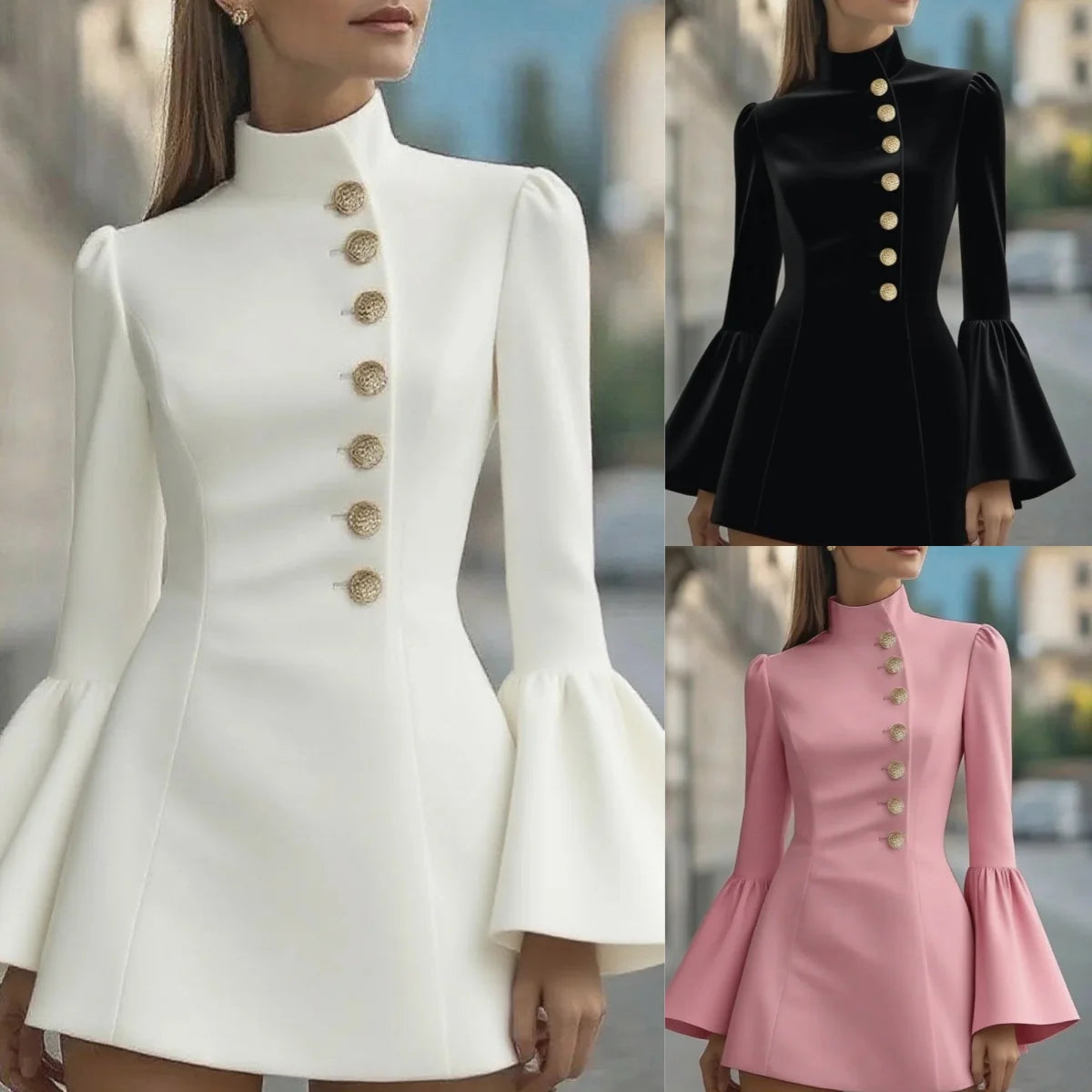 Autumn temperament slim solid colour stand-up collar flared sleeve single-breasted suit dress