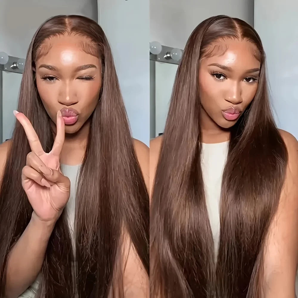 Chocolate Brown Body Wave Lace Front Wig Human Hair 220 Density Frontal Lace Wigs 30 Inch 13x6 HD Transparent Lace Human Wigs