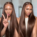 Chocolate Brown Body Wave Lace Front Wig Human Hair 220 Density Frontal Lace Wigs 30 Inch 13x6 HD Transparent Lace Human Wigs